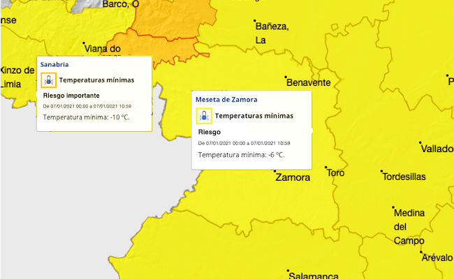 Mapa de avisos de la AEMET para el jueves, 7 de enero