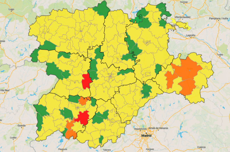 Zonas básicas de salud, según la incidencia en siete días
