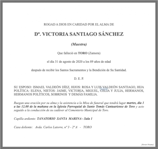 Esquela publicada por la Funeraria Santa Marina de Toro