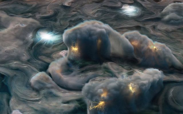 [Img #42504]Esta ilustración utiliza datos obtenidos por la misión Juno de la NASA para representar tormentas eléctricas a gran altitud en Júpiter. Juno detectó relámpagos inusuales en el lado oscuro de Júpiter durante los sobrevuelos del planeta por parte de la nave espacial. Credits: NASA/JPL-Caltech/SwRI/MSSS/Gerald Eichstädt/Heidi N. Becker/Koji Kuramura