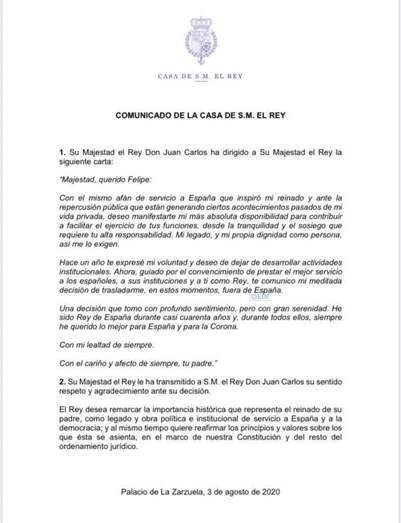 Comunicado de la Casa Real de SM el Rey Felipe VI