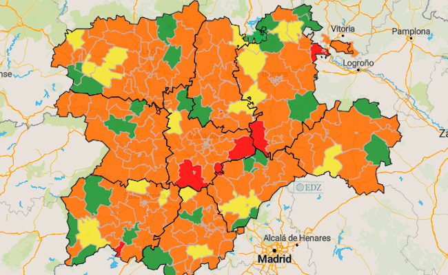 Mapa de incidencia en siete días en CyL