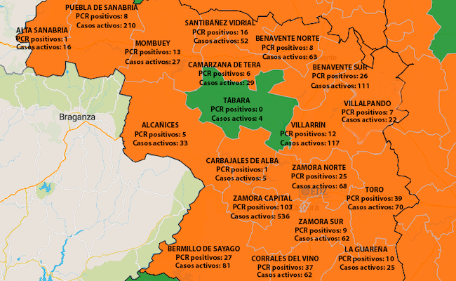 Mapa de incidencia en 7 días y casos por ZBS