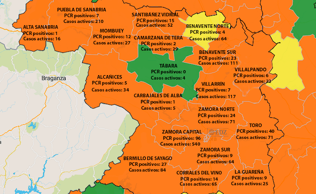 Mapa de incidencia en 7 días y casos por ZBS