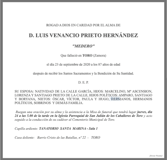 Esquela de la funeraria Santa Marina