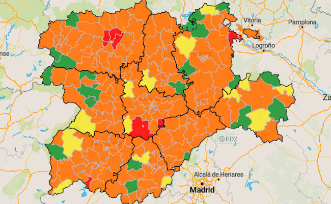 Mapa con la incidencia en 7 días en Castilla y León