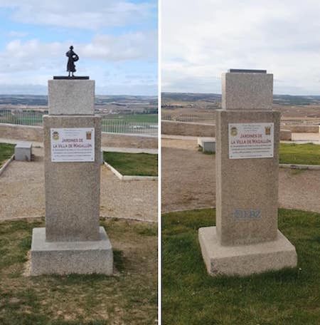 La escultura en su pedestal y, tras el ataque, este, en solitario