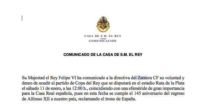 Fragmento de la carta enviada por el Departamento de Comunicación de SM el Rey