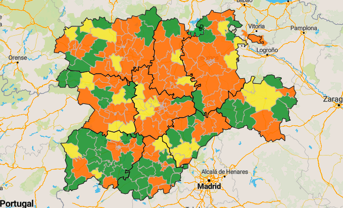 Mapa de incidencia en siete días, con las nueves zonas básicas zamoranas que mejor situación presentan