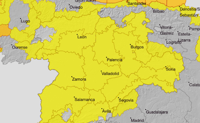 Mapa de avisos amarillos en la comunidad de la AEMET