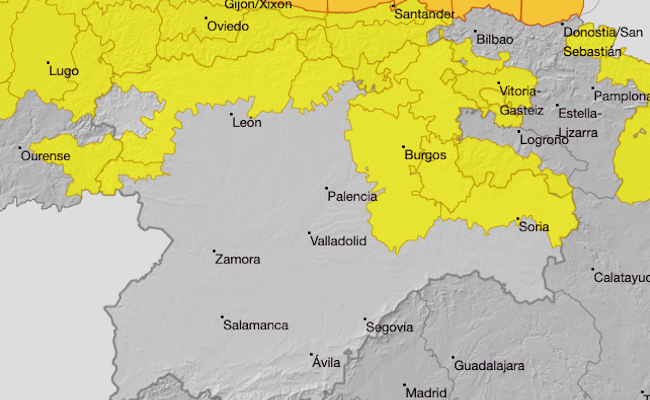 Mapa de la AEMET, con los avisos amarillos de Castilla y León a partir del domingo