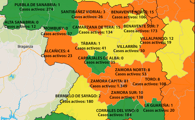 Mapa con contagios en siete días y casos activos