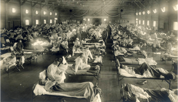 Hospital de emergencia levantado durante la gripe española en Camp Funston (Kansas, EE UU), foto propagandística distribuida por las autoridades militares estadounidenses, según Anton Erkoreka. / National Museum of Health and Medicine