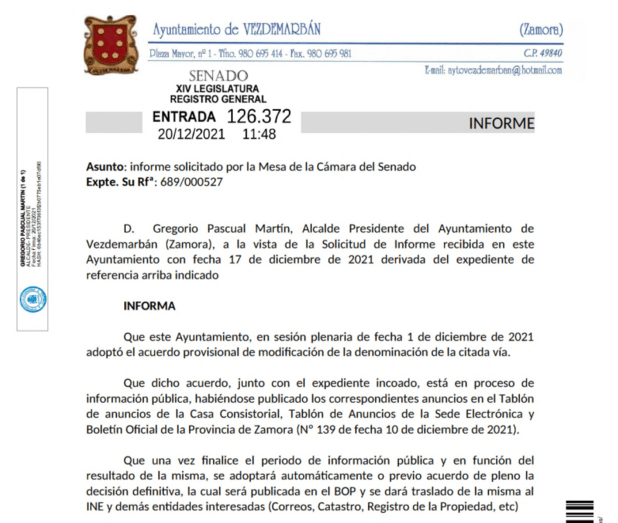 Informe, enviado por Gregorio Pascual Martín al Senado
