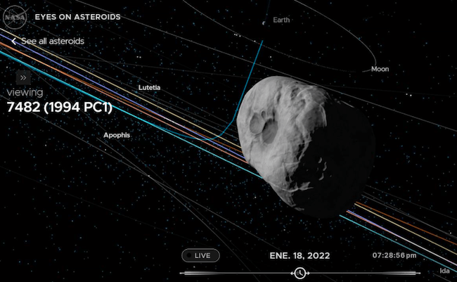 Ilustración del asteroide (7482) 1994 PC1 durante su aproximación a la Tierra el 18 de enero de 2022. / Eyes on asteroids-NASA