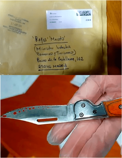 Imágenes del sobre y de la navaja encontrada en su interior
