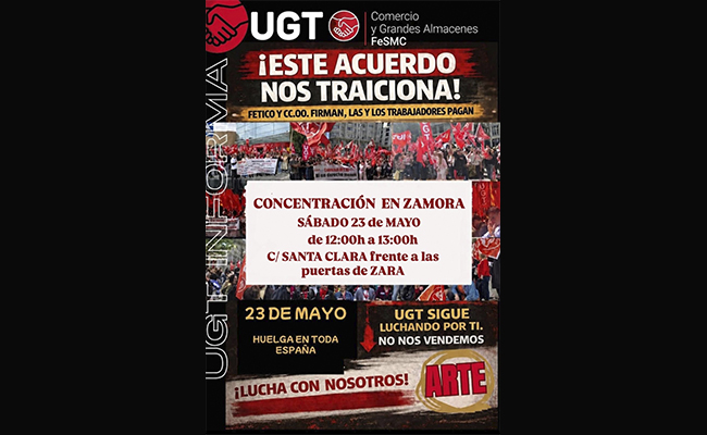 UGT FESMC Zamora convoca una concentración en defensa de los derechos del comercio textil