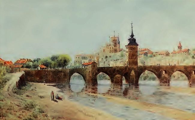 Pintura del Puente de Piedra, anterior a 1905, con sus torres